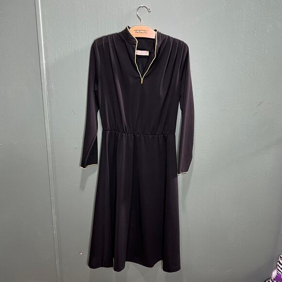 Vintage Landou Black Dress Size 10 Gold Trim Long Sleeve Midi - Picture 3 of 9